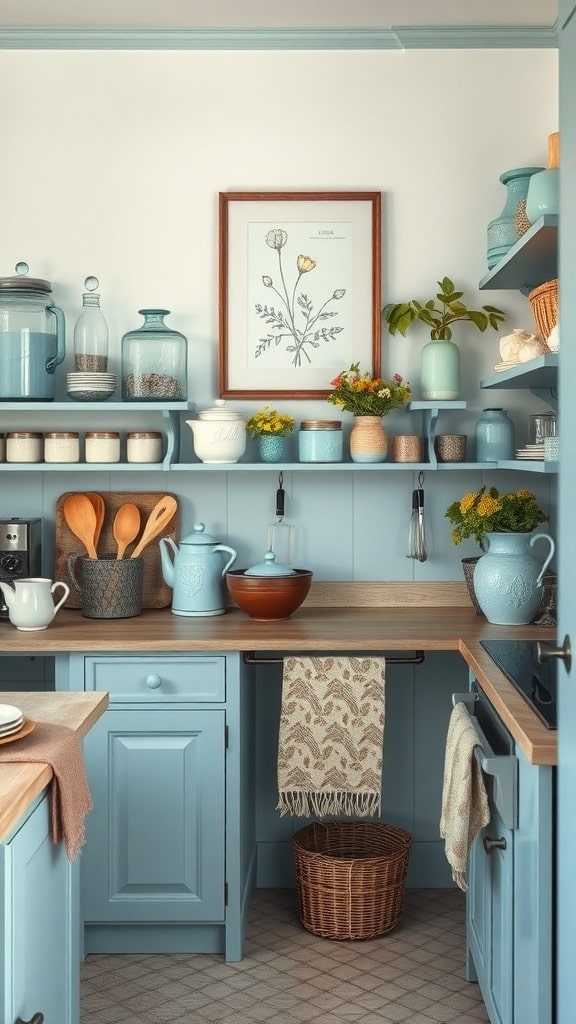 A vintage dusty blue kitchen with blue cabinetry, wooden countertop, and decorative elements.
