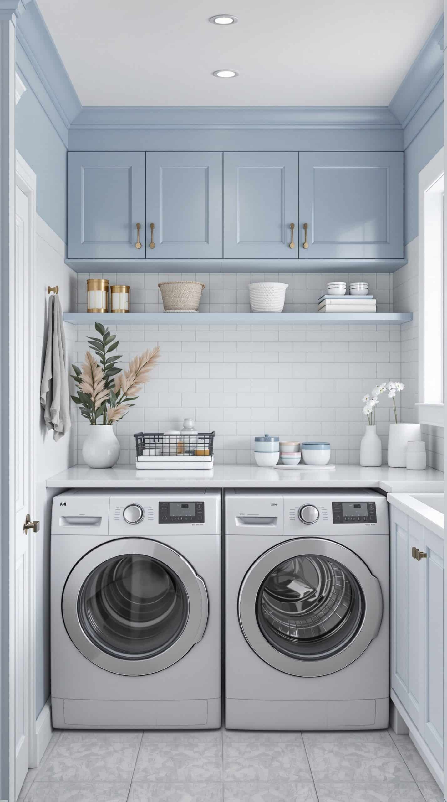 A light blue and white laundry room featuring modern appliances and decorative elements.