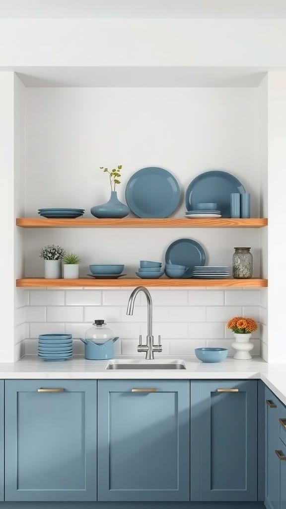 Open shelving in a slate blue kitchen with neatly arranged dishes and decorative items.