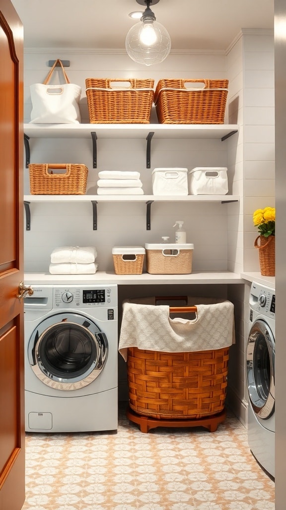 Stylish laundry room with woven baskets and organized shelves