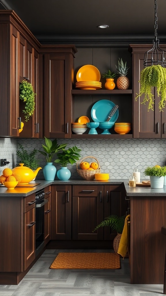 A rich brown kitchen with colorful accents including orange and turquoise dishes, plants, and fresh fruits, creating a lively and inviting space.