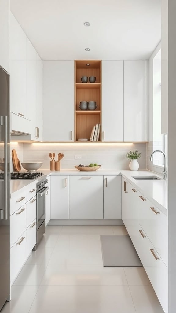 Minimalist white kitchen with hidden storage solutions