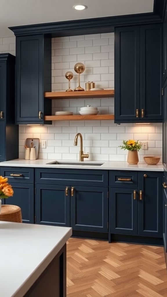 A modern kitchen featuring navy blue cabinets with brass accents, open shelving, and a herringbone floor.