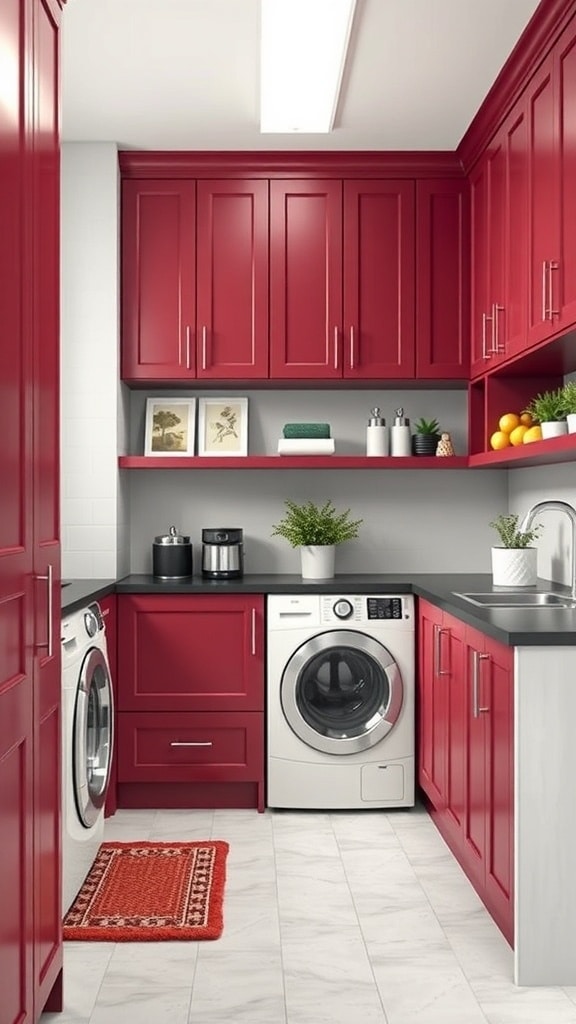 A modern laundry room with burgundy cabinets and white walls, featuring a washing machine, dryer, and decorative elements.
