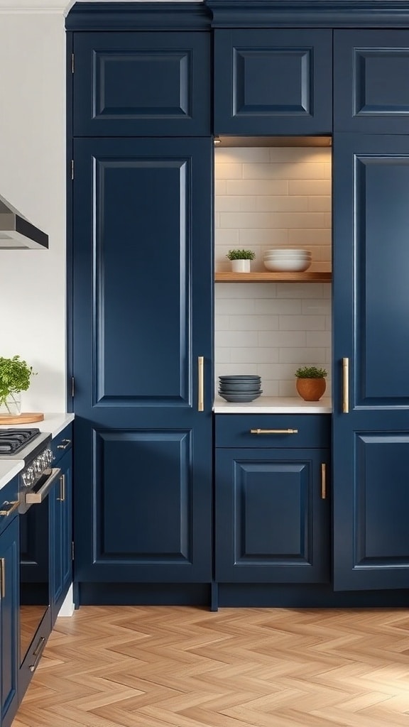 A navy blue pantry with sleek doors and open shelving, featuring gold hardware and a light wood floor.