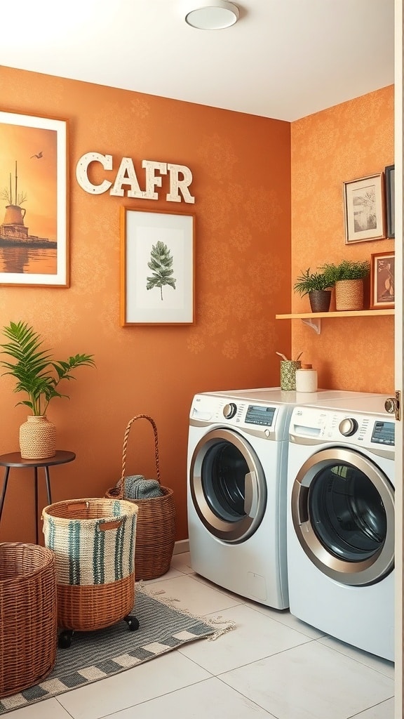 A cozy laundry room featuring warm burnt sienna walls, framed art, and decorative items.