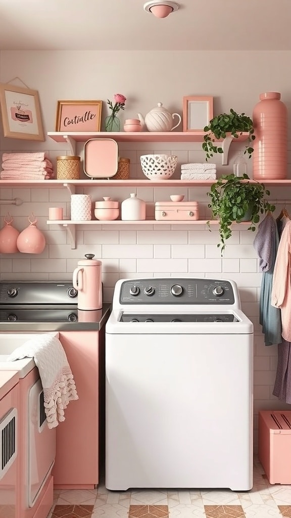 A vintage-inspired laundry room decorated in soft blush pink with shelves of ceramics and plants.