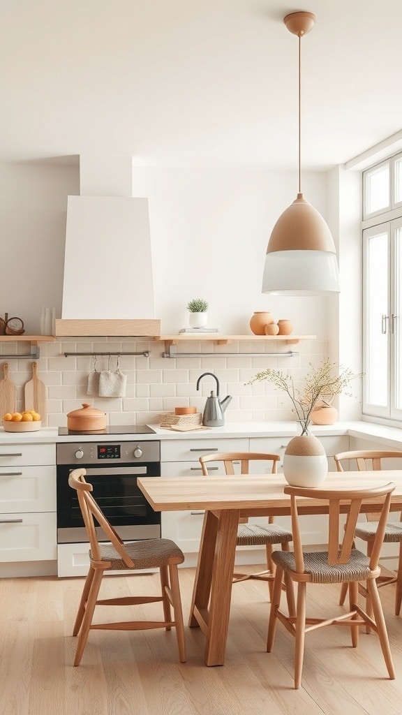 A neutral beige kitchen featuring light wood furniture, a pendant light, and simple decor elements.