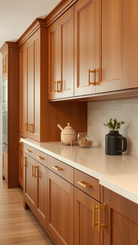 A warm caramel kitchen featuring wooden cabinets with gold hardware.