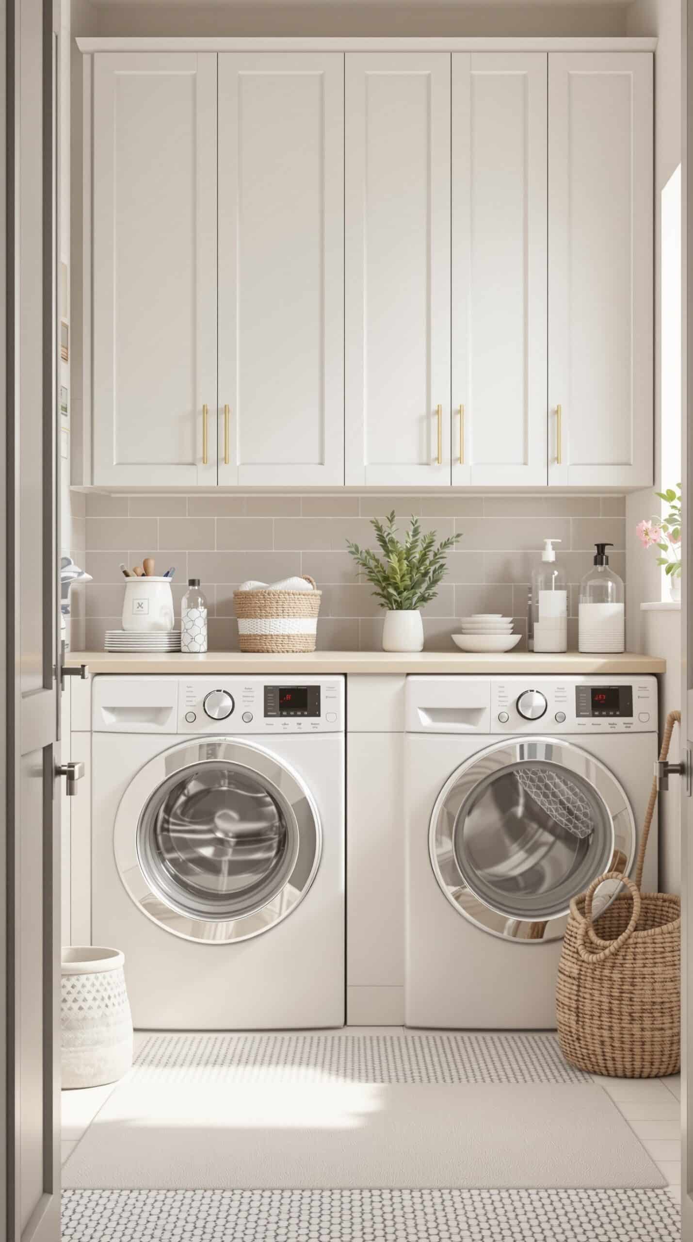 A minimalist greige laundry room with white cabinets, modern appliances, and decorative elements.