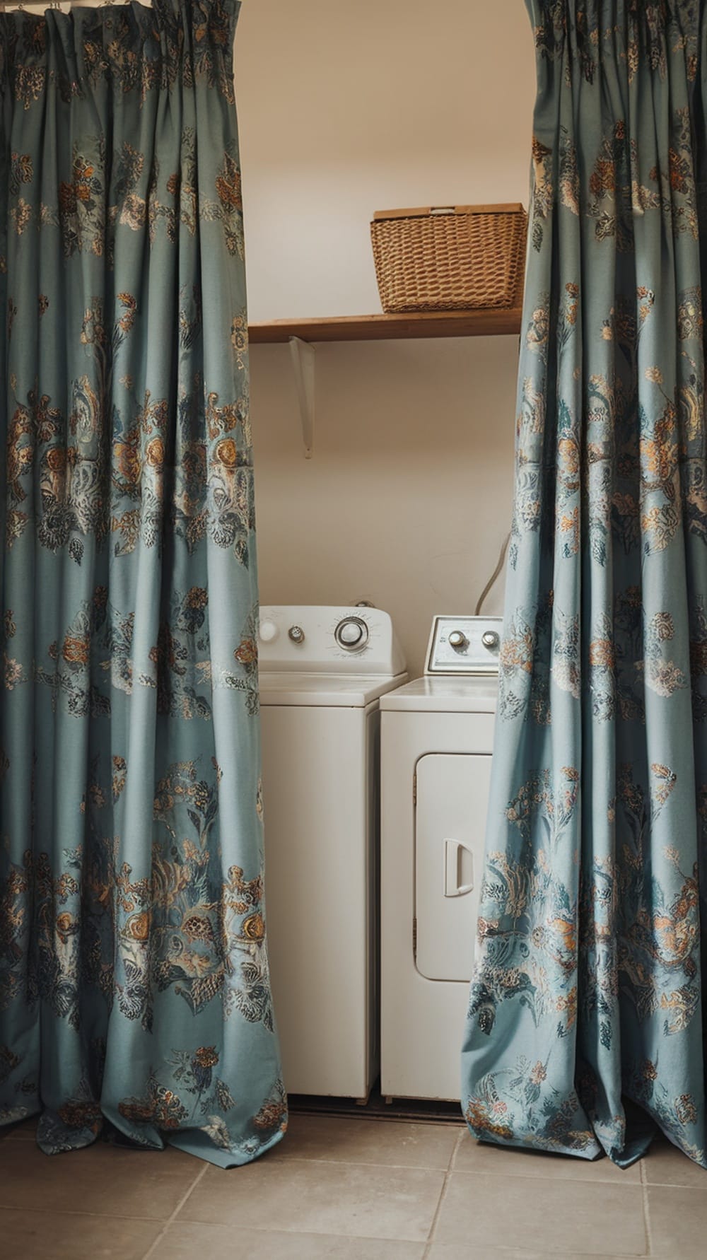 Teal curtains with floral patterns in a laundry room