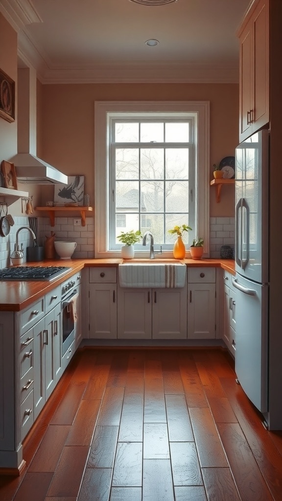 A kitchen with burnt sienna flooring, light cabinetry, and a large window, showcasing a cozy and inviting atmosphere.
