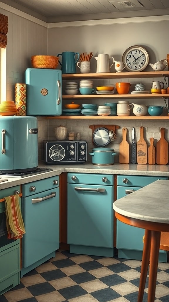 A vintage kitchen featuring dusty blue appliances, colorful dishes, and a cozy atmosphere.