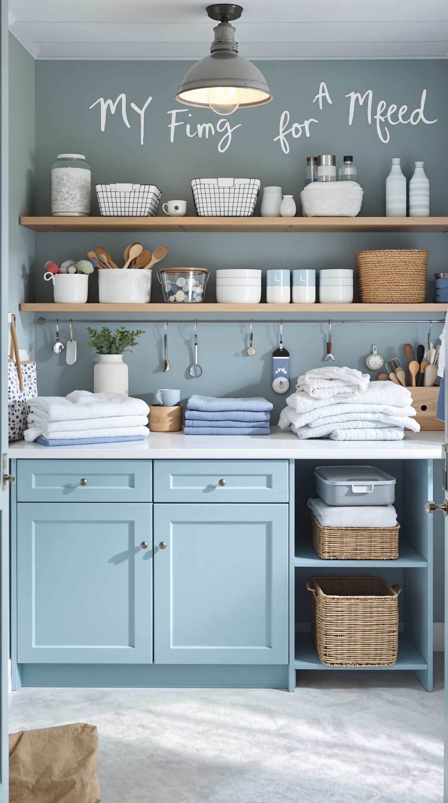 A dusty blue laundry room with a creative folding station featuring stacked towels, open shelving, and hanging utensils.