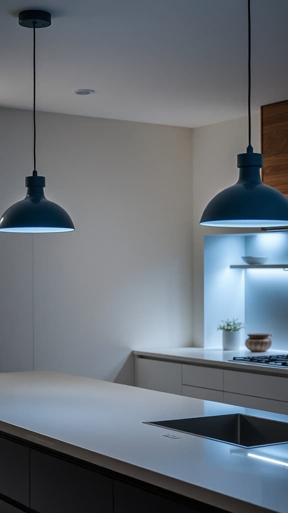 A minimalist kitchen featuring slate blue pendant lights above a white countertop.