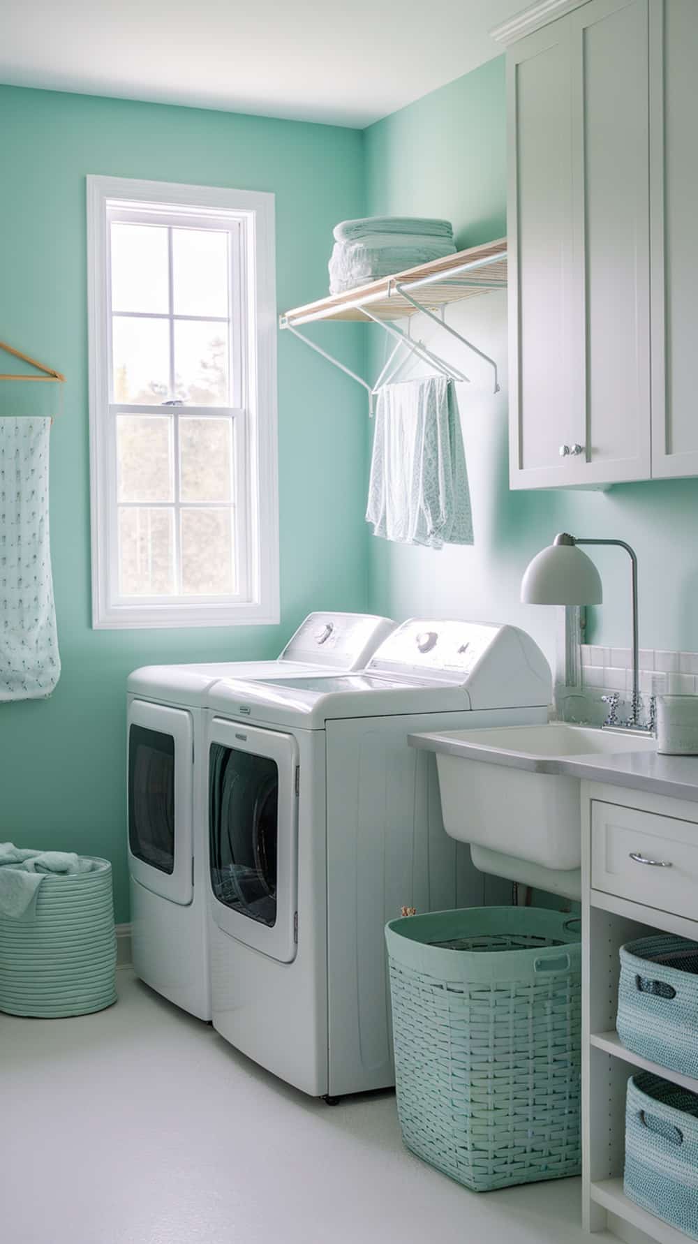 A mint and white laundry room featuring mint walls, white appliances, and matching accessories.