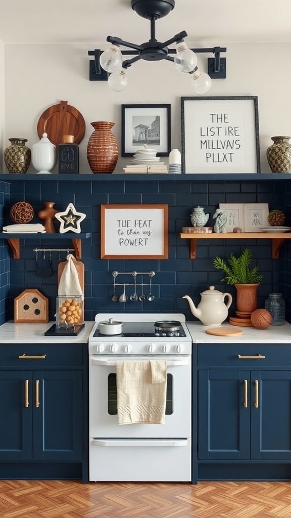 A stylish navy blue kitchen featuring artistic decor elements, open shelving, and a cozy atmosphere.