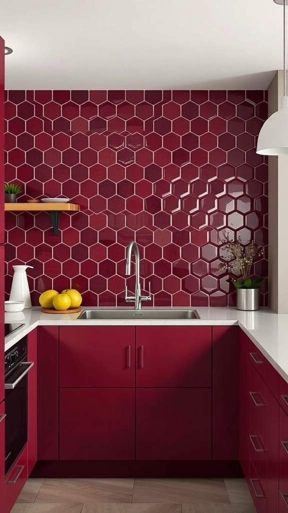 A modern kitchen featuring a burgundy hexagonal tile backsplash, white countertops, and simple decor.
