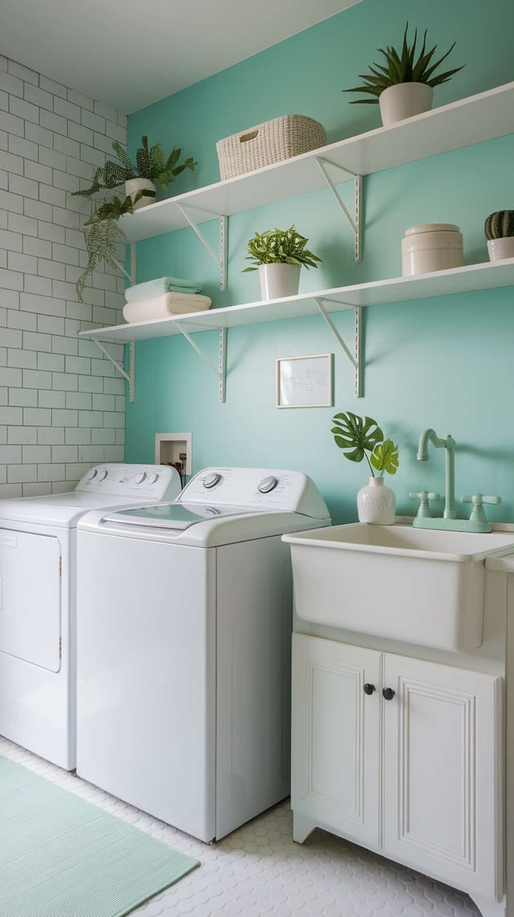 A laundry room featuring mint green accent walls, white appliances, and decorative shelves with plants.