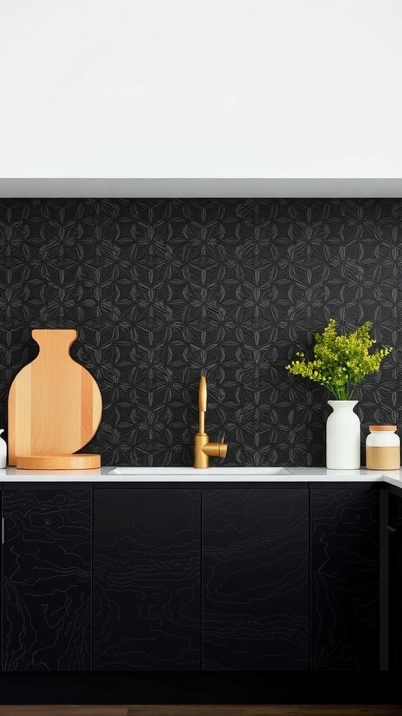 A modern kitchen featuring a bold black backsplash with an intricate pattern, black cabinetry, a white countertop, and decorative elements.