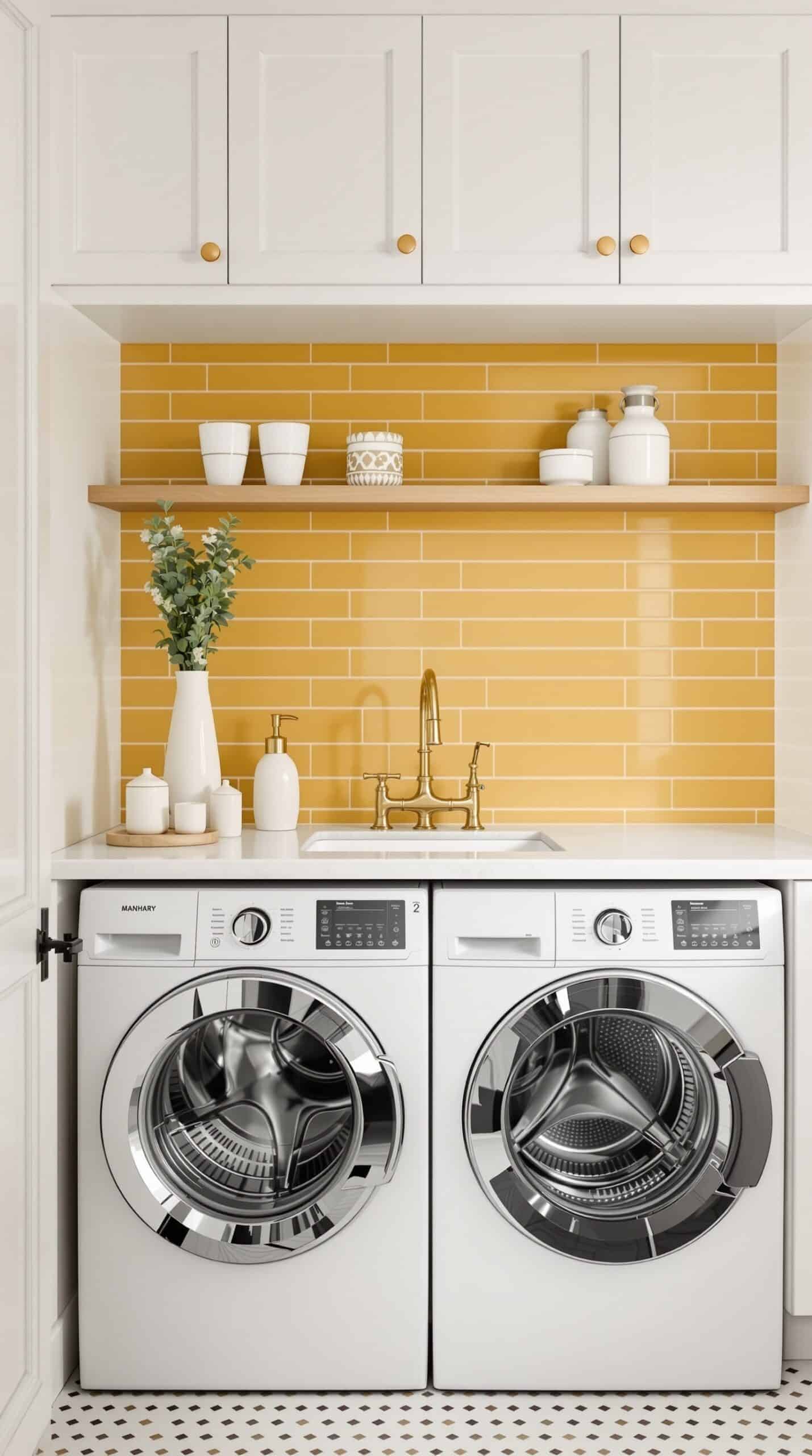 Laundry room with mustard yellow backsplash, white cabinets, and modern appliances