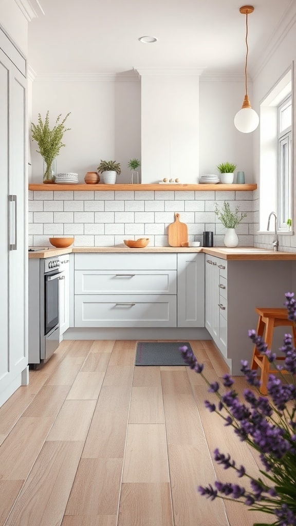 A modern kitchen featuring light wooden flooring, white cabinets, and lavender accents.