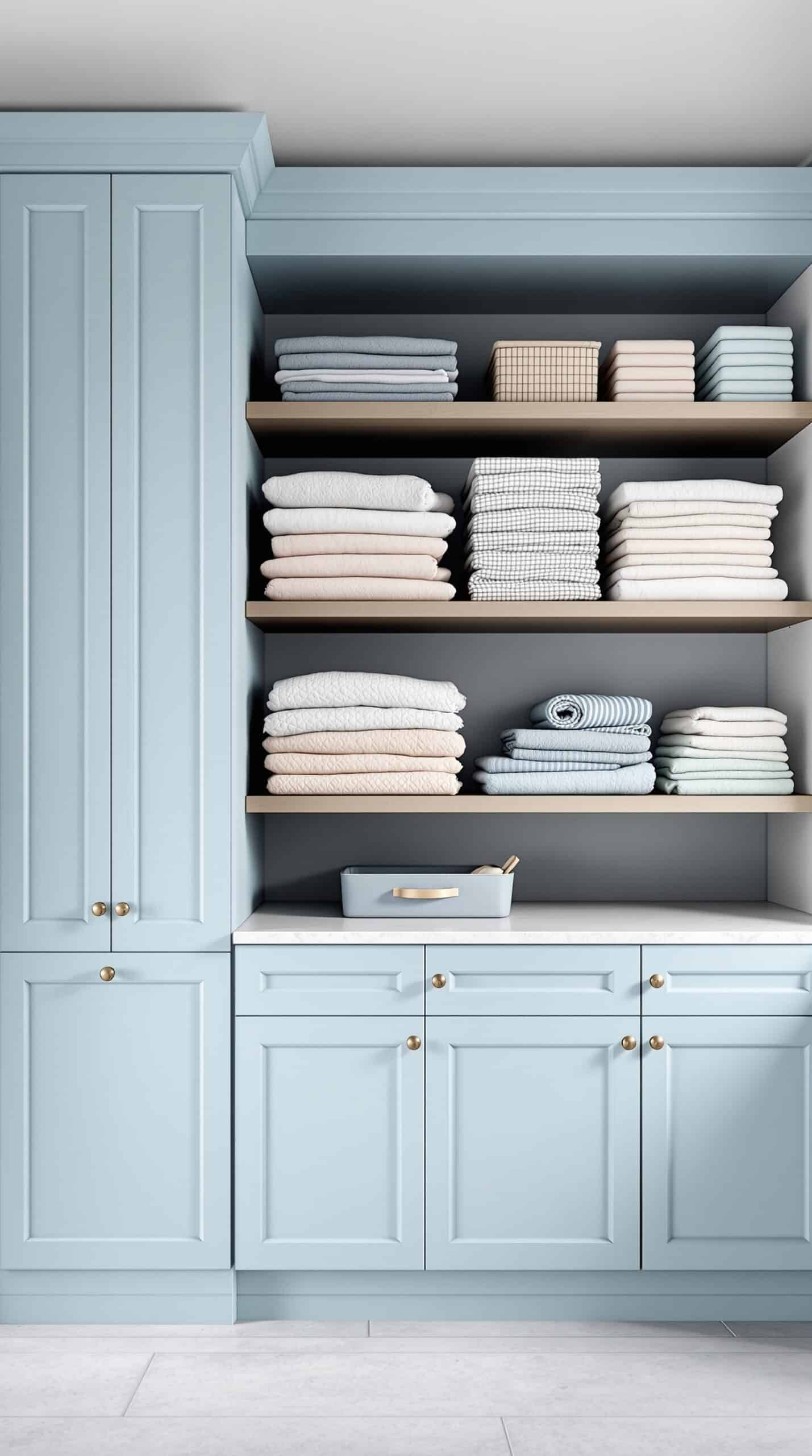 Minimalist laundry room with light blue storage solutions and neatly folded towels
