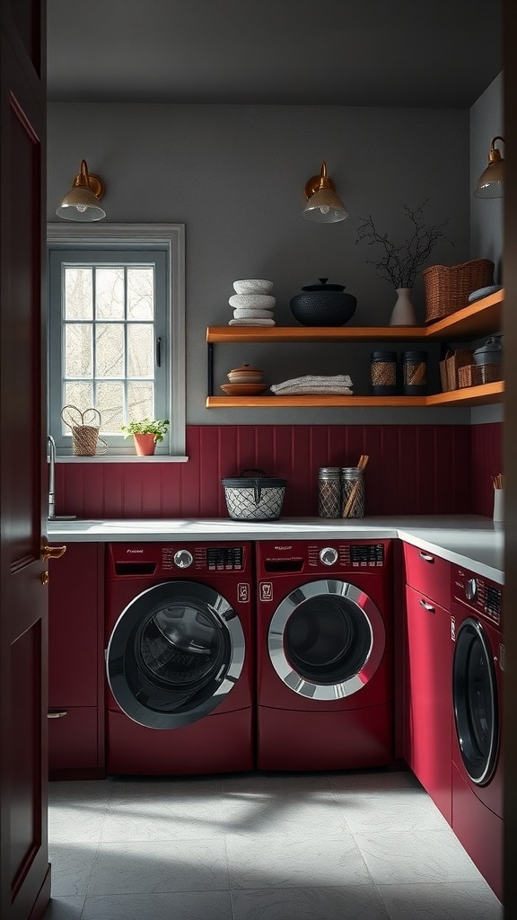 A stylish laundry room featuring burgundy cabinetry and grey walls, with warm lighting and decorative shelves.