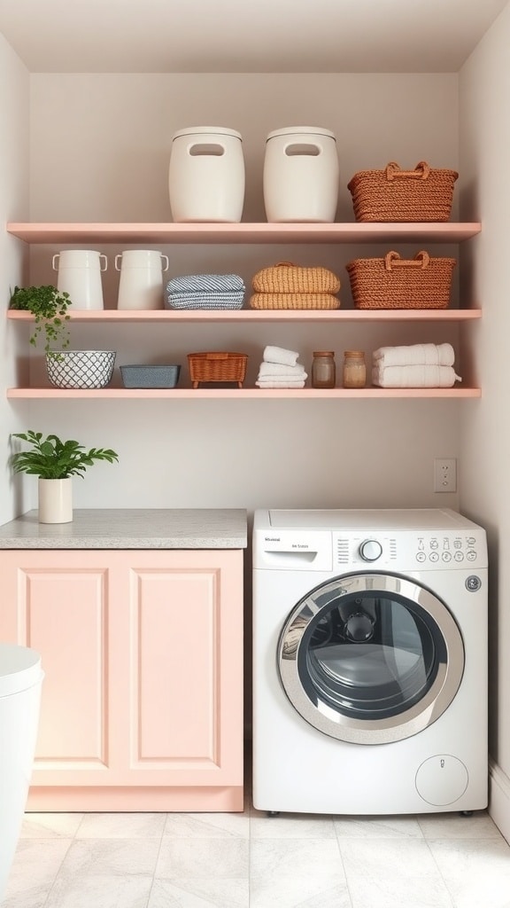 A blush pink laundry room featuring organized shelves with baskets and containers, a washer, and a pink cabinet.