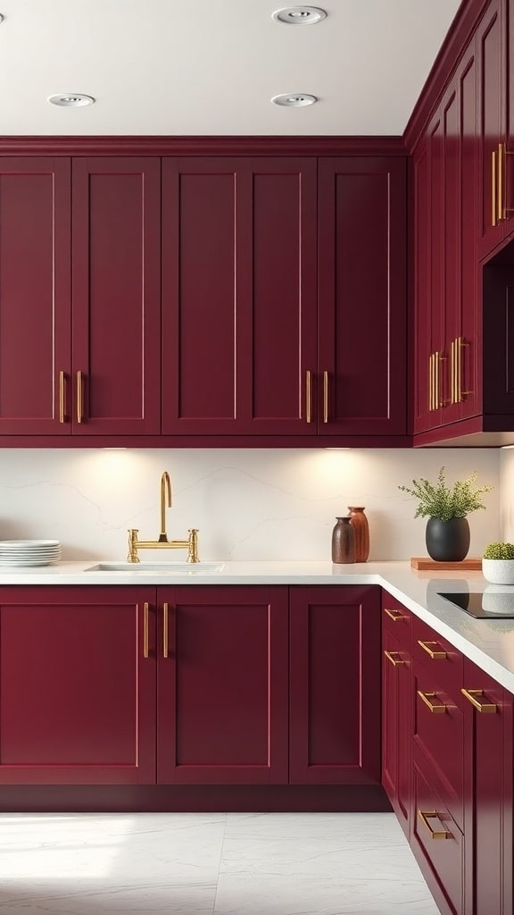 A modern kitchen featuring sleek burgundy cabinets with gold hardware and accents.