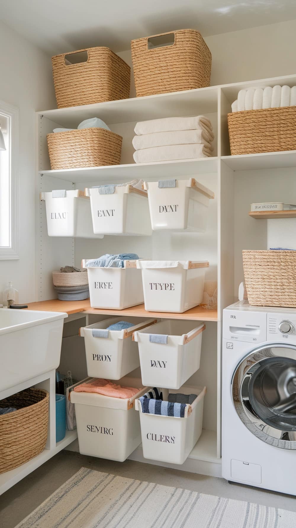 Organized laundry room with labeled bins and woven baskets on shelves