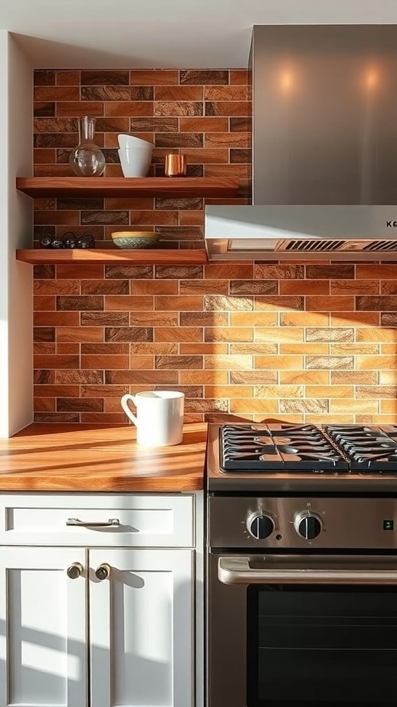 A kitchen featuring a sienna-toned tile backsplash, white cabinets, and a wooden countertop.