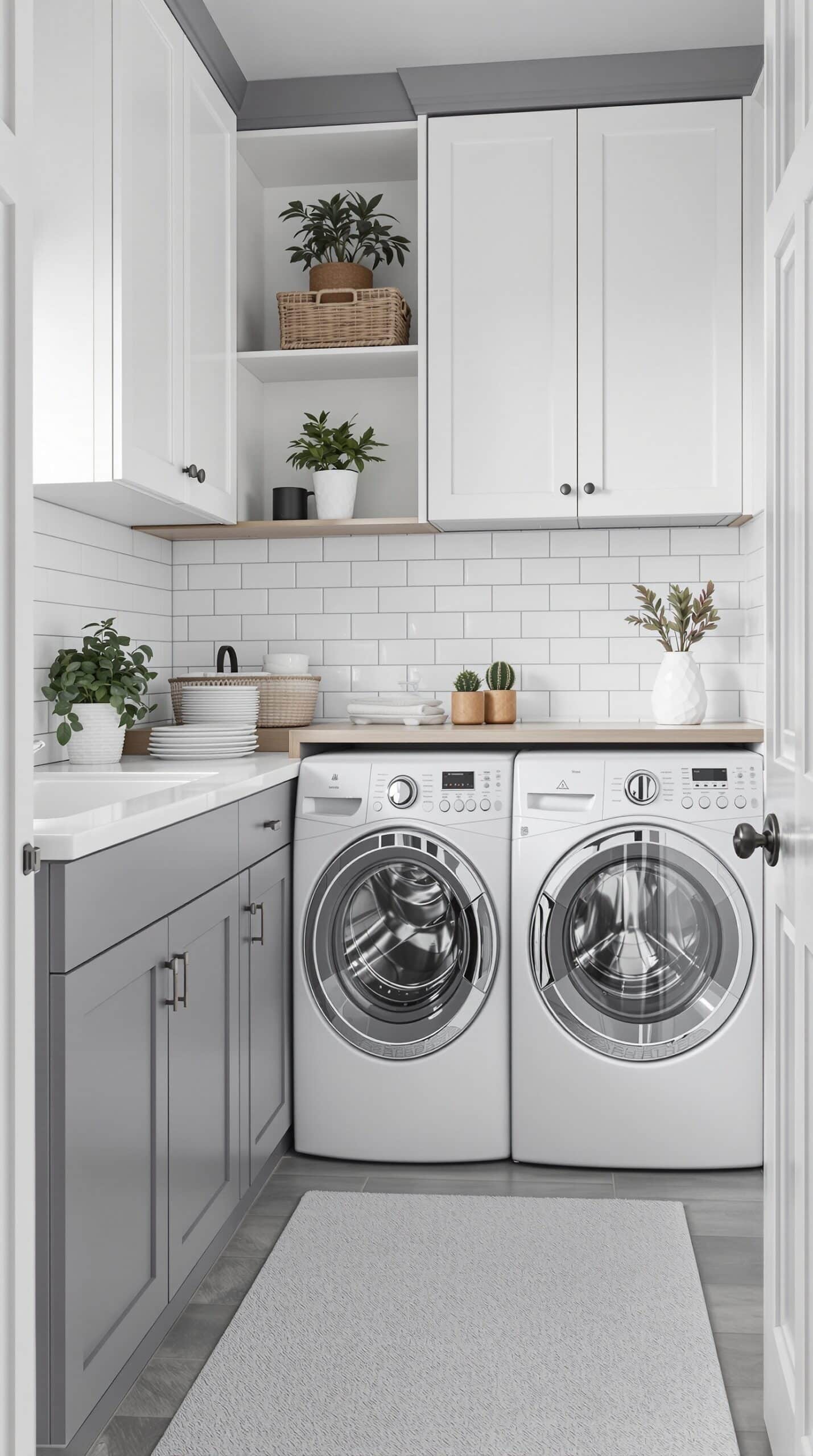 A modern gray and white laundry room featuring gray cabinetry, white appliances, and decorative plants.