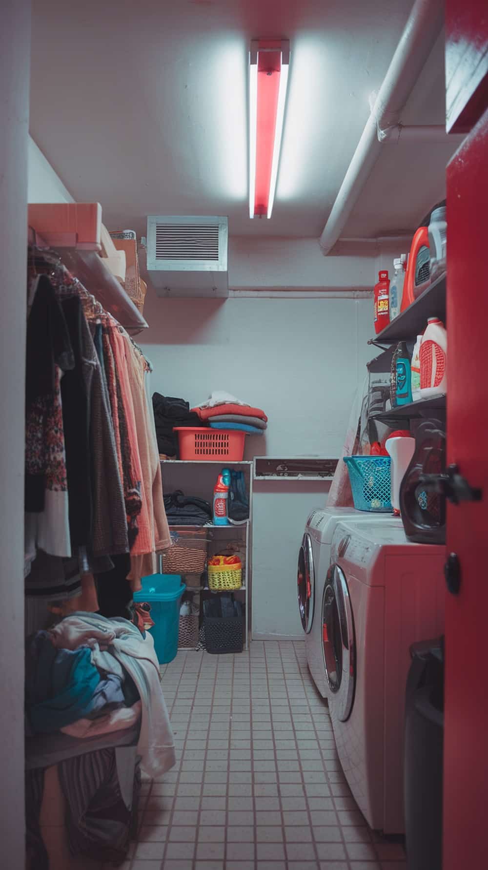 A laundry room with red light fixtures illuminating the space.