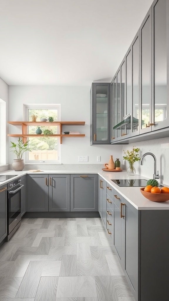 Modern gray kitchen with glass elements and wooden shelves