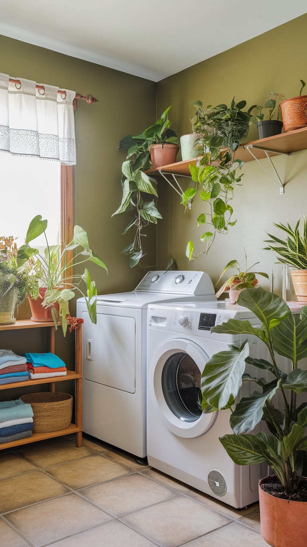A laundry room with warm olive green walls, featuring various indoor plants on shelves and around the washing machine.