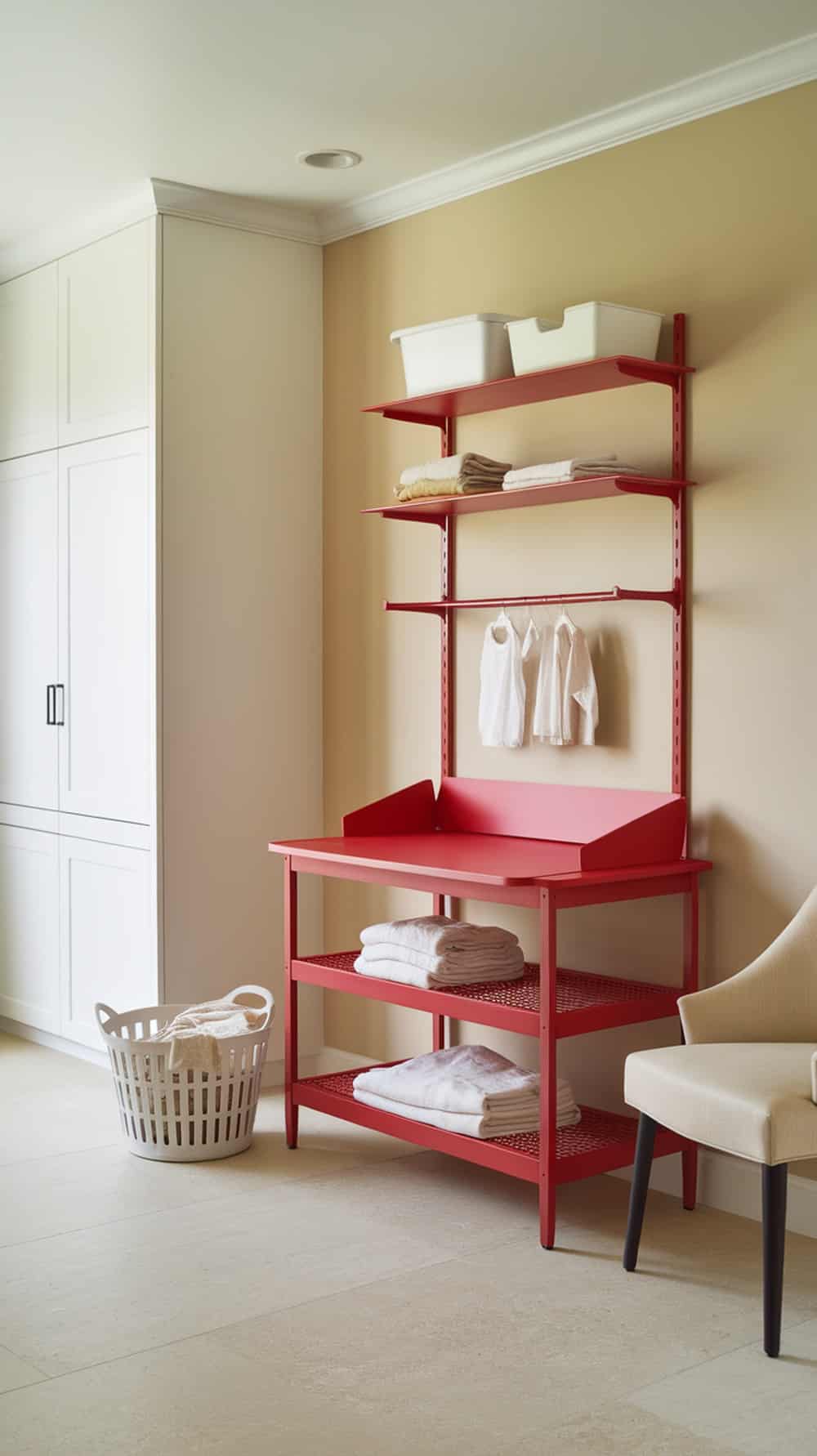 A bright red folding station in a laundry room with shelves and a laundry basket.