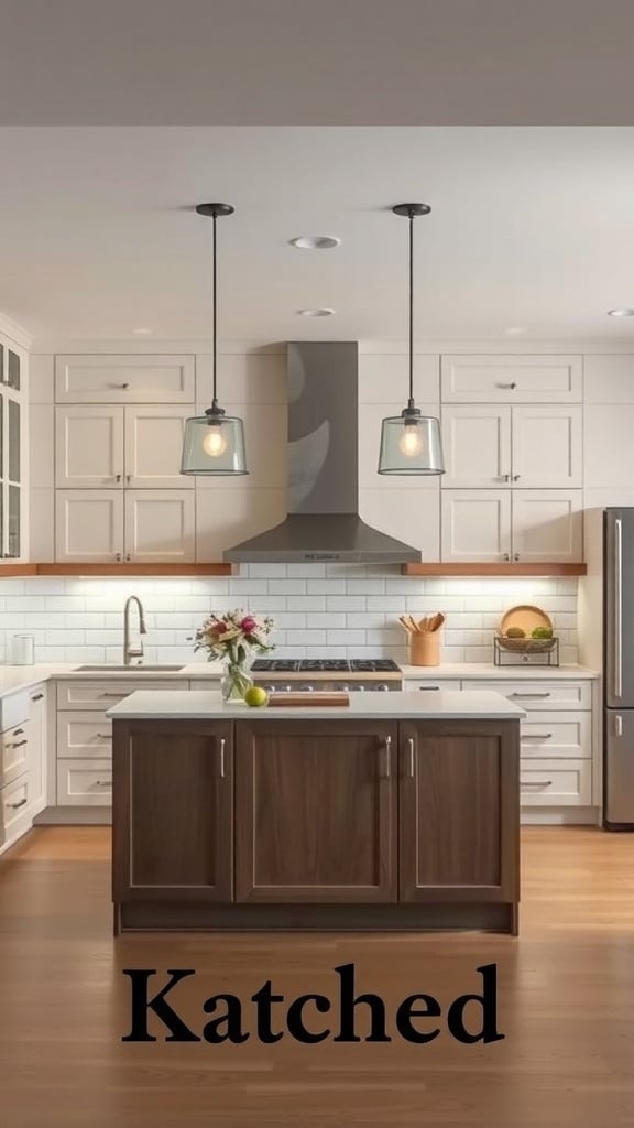 A serene cream kitchen featuring pendant lighting above a wooden island.