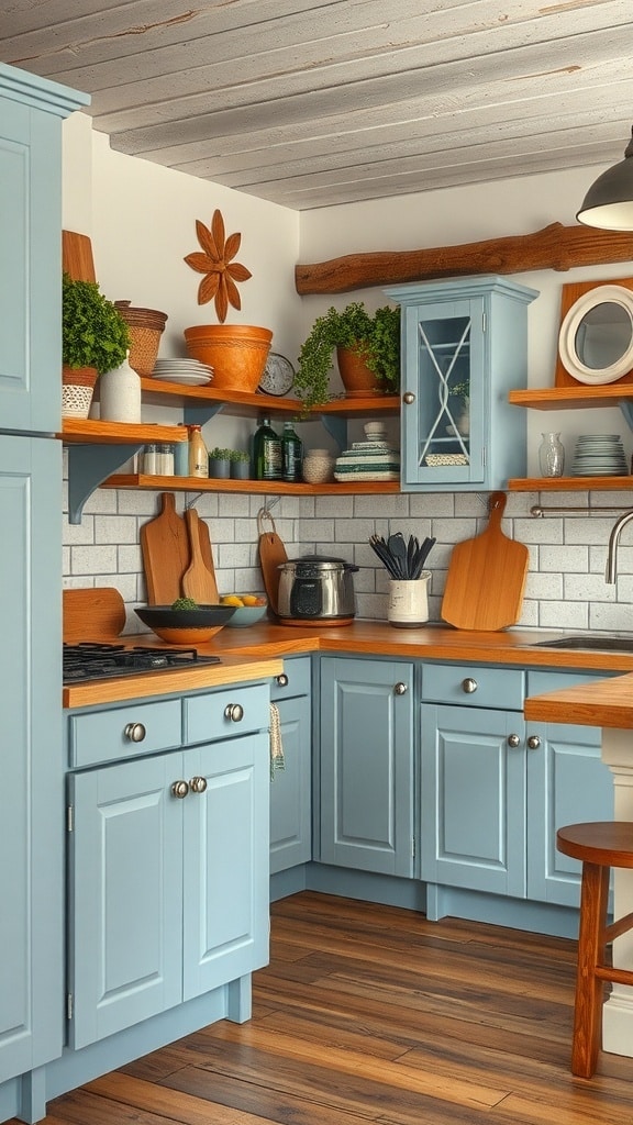 A rustic kitchen featuring dusty blue cabinets, wooden countertops, and open shelving with plants and kitchenware.