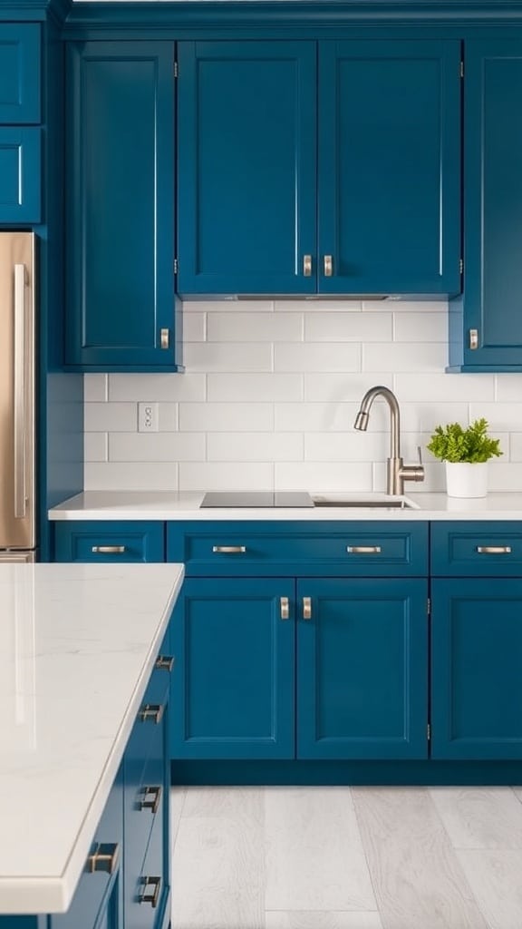 A kitchen featuring bold peacock blue cabinetry with white subway tile backsplash and modern hardware.