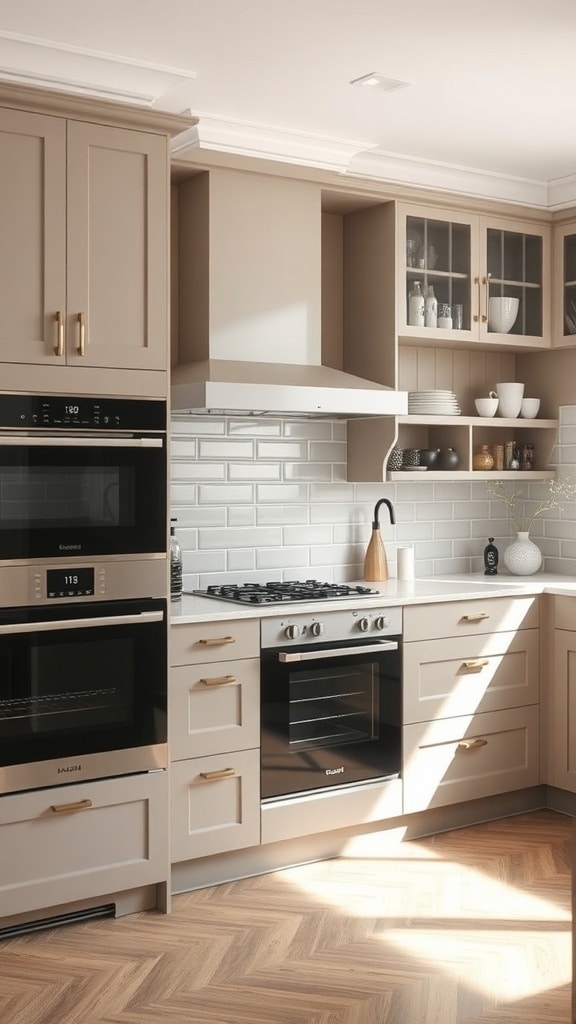 Stylish kitchen with greige appliances and gold accents