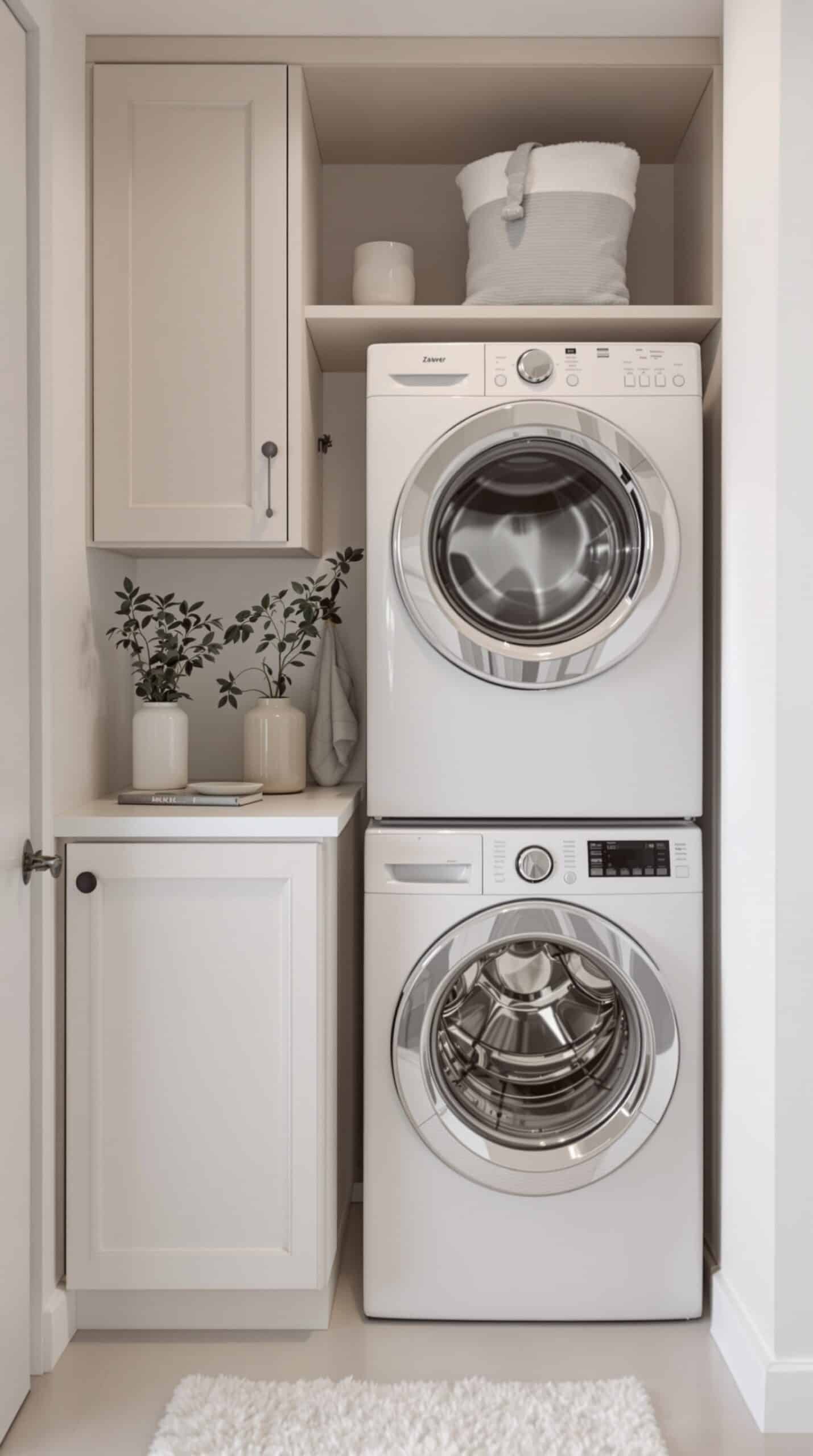 Compact laundry nook with stacked washer and dryer, light greige cabinetry, and decorative plants.