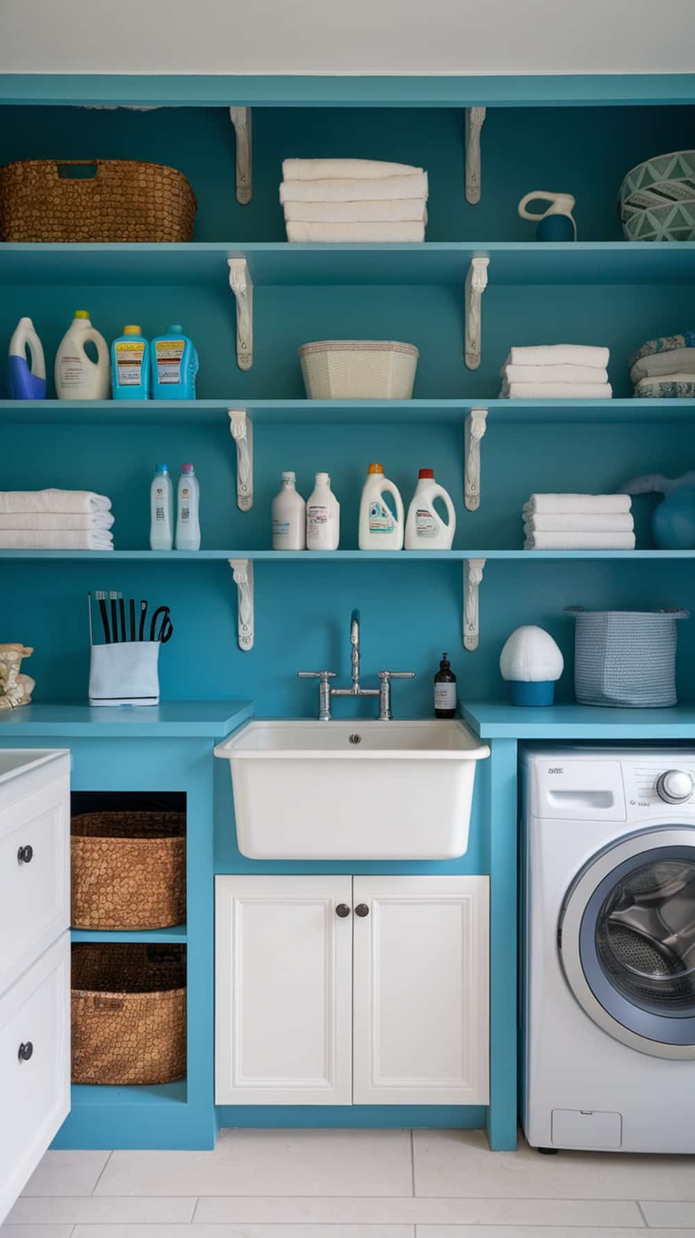 A stylish laundry room featuring open shelving painted in peacock blue, displaying neatly arranged laundry supplies and decorative items.