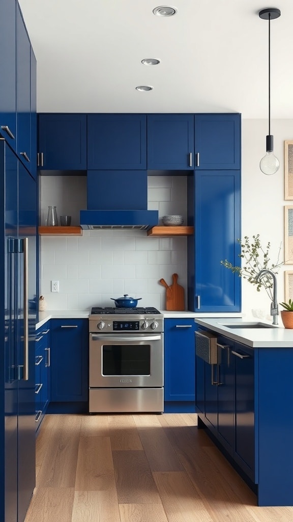 Modern kitchen with indigo cabinets and stainless steel appliances