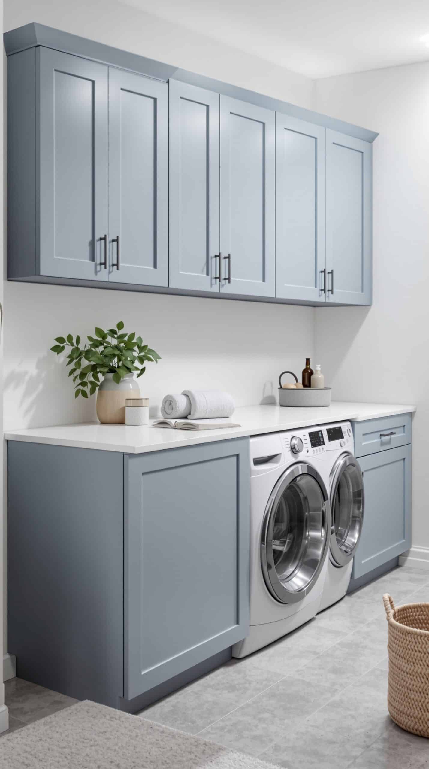 A modern minimalist laundry room with dusty blue cabinets, a light countertop, and organized storage.