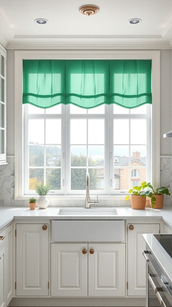 Emerald green window treatments in a modern kitchen with white cabinetry and plants on the windowsill.