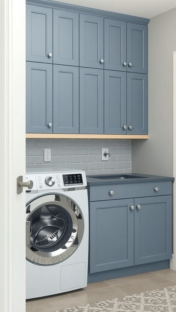A modern laundry room featuring blue cabinetry and gray backsplash.