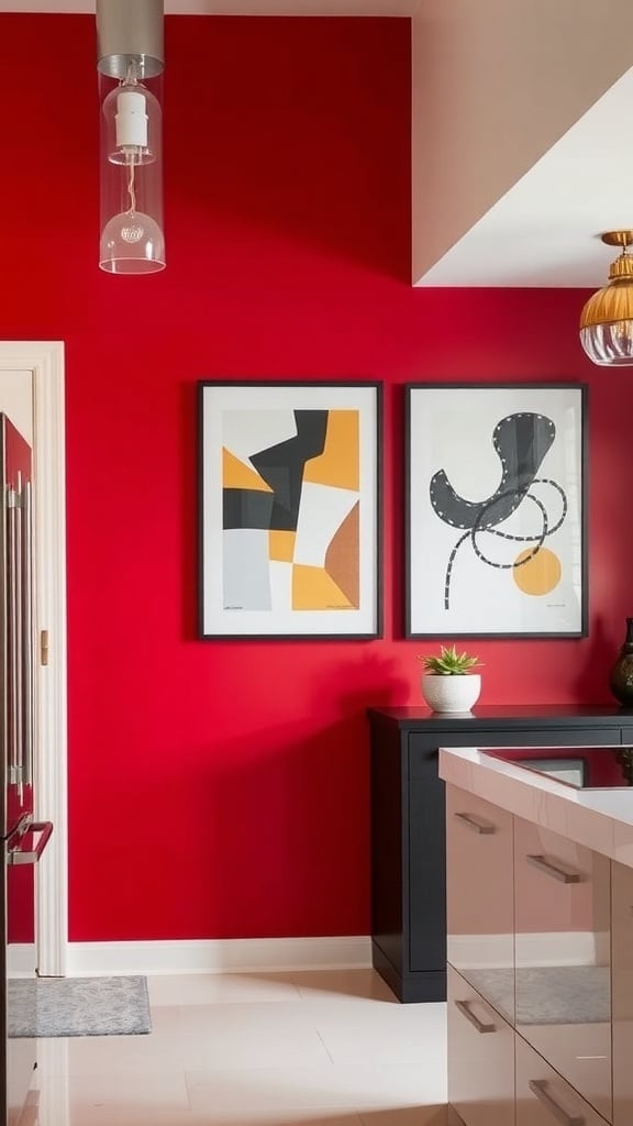 A kitchen with a bold red accent wall featuring modern artwork and stylish lighting.