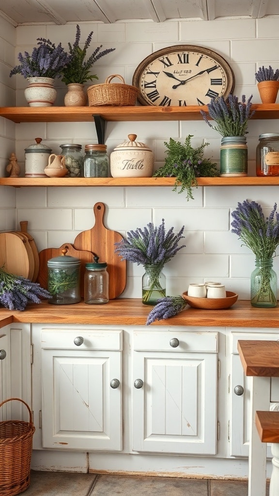 Rustic kitchen decor featuring lavender arrangements on shelves, wooden elements, and a vintage clock.