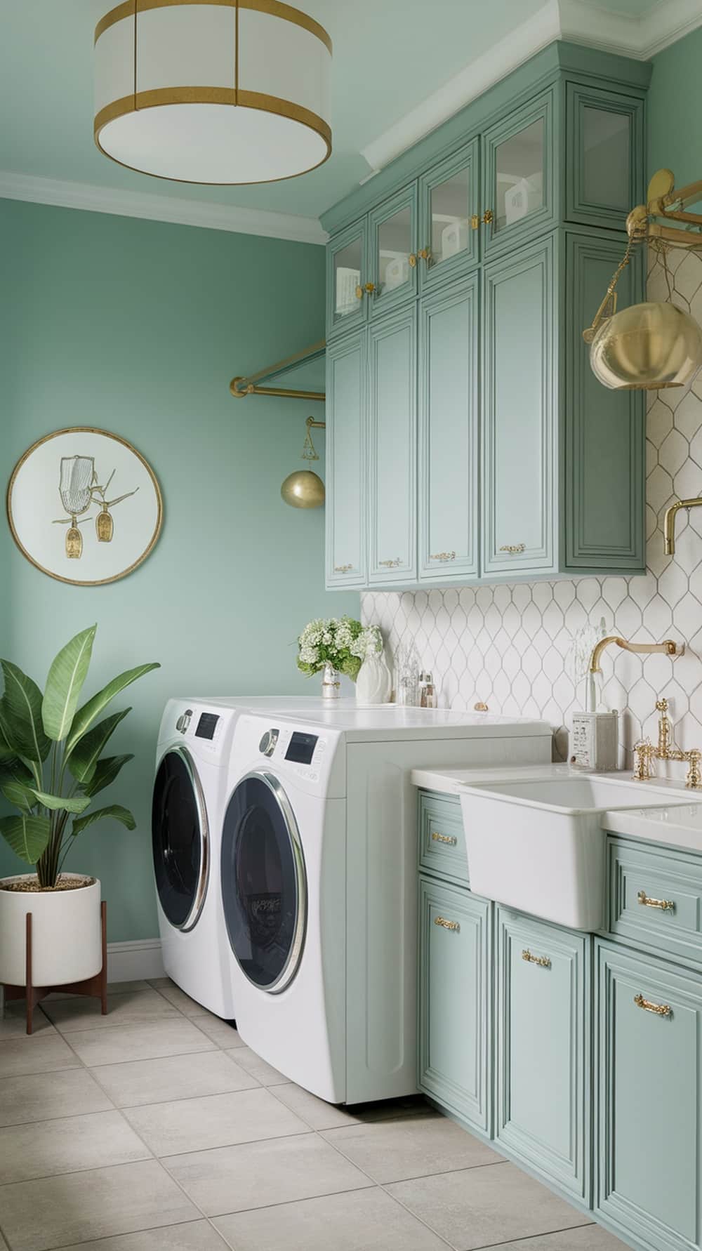 A mint-colored laundry room featuring gold accents, modern appliances, and a touch of greenery.